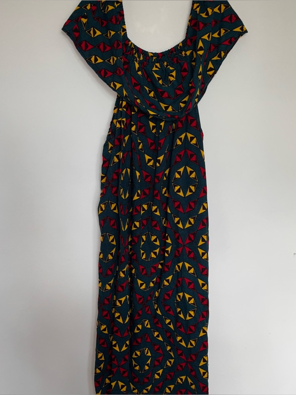 Women's Teal Geometric Maxi Dress - Yellow & Red Pattern